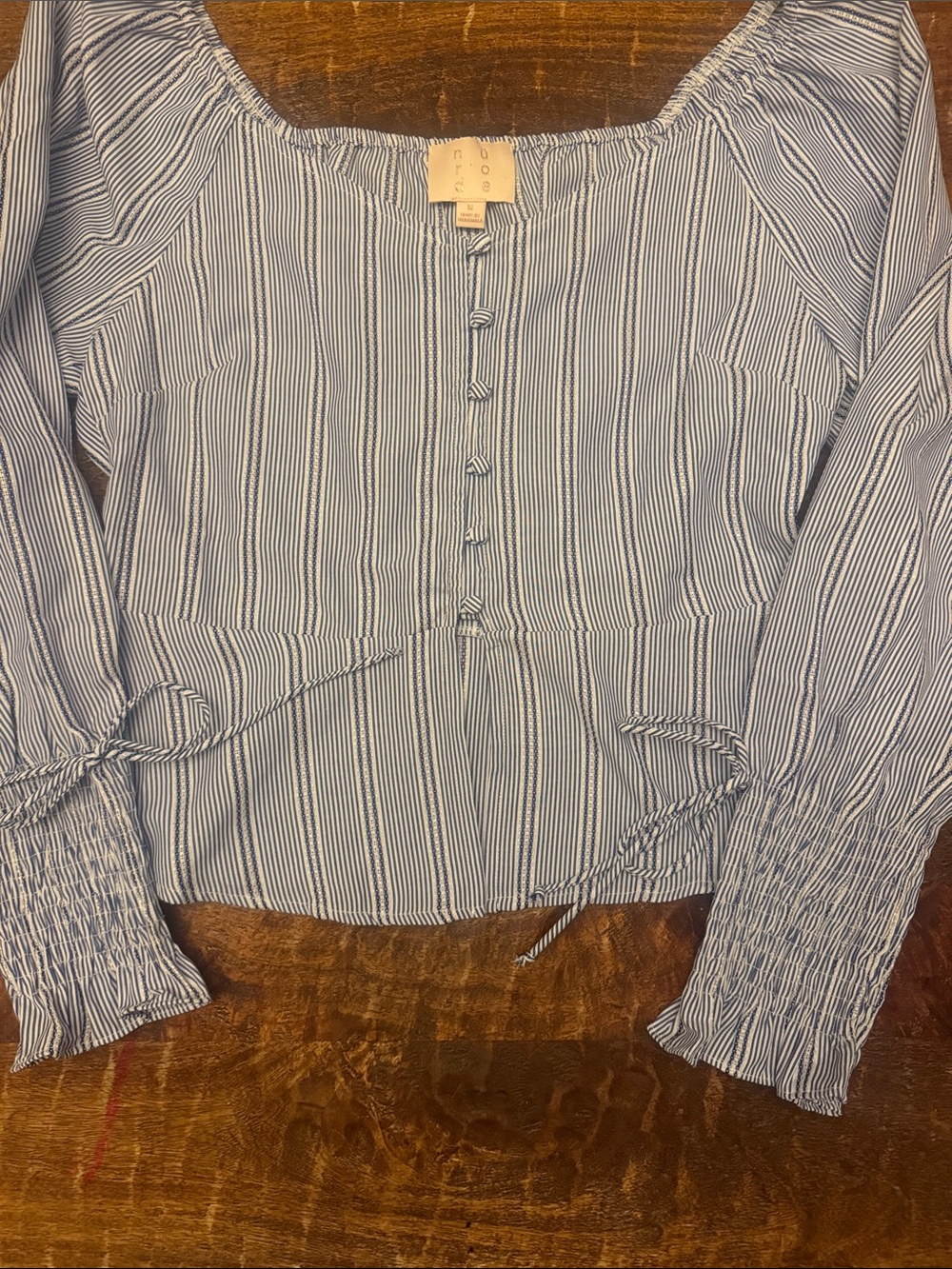 Blue and White Striped Button-Front Peasant Blouse